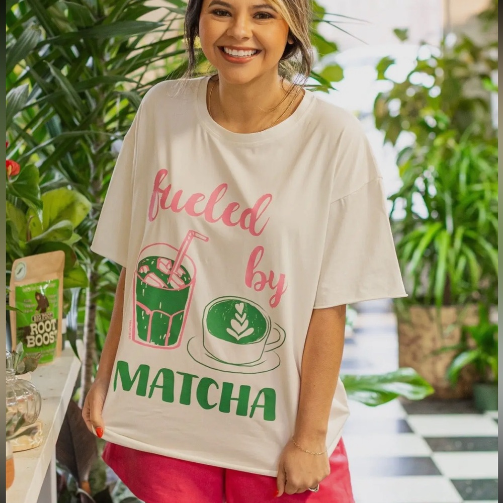 White Graphic Tee with Matcha Design